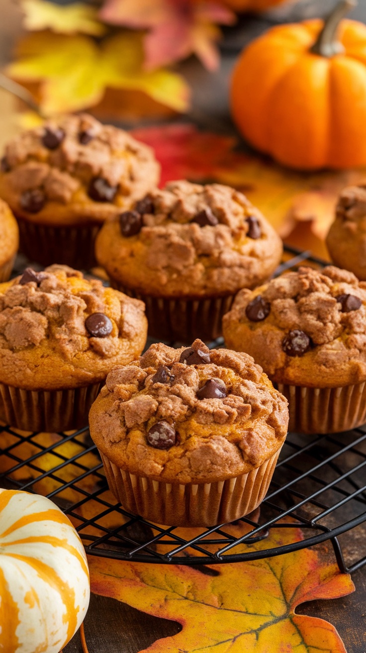 Freshly baked pumpkin muffins with streusel topping and chocolate chips on a wire rack surrounded by autumn decorations.